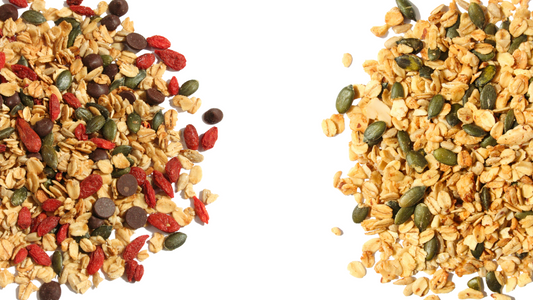 Low-sugar Goody Granola featuring golden oats, crushed almonds, cashews, organic pumpkin seeds, and sunflower seeds, honey and extra virgin olive oil creating a visually appealing and nutritious breakfast option