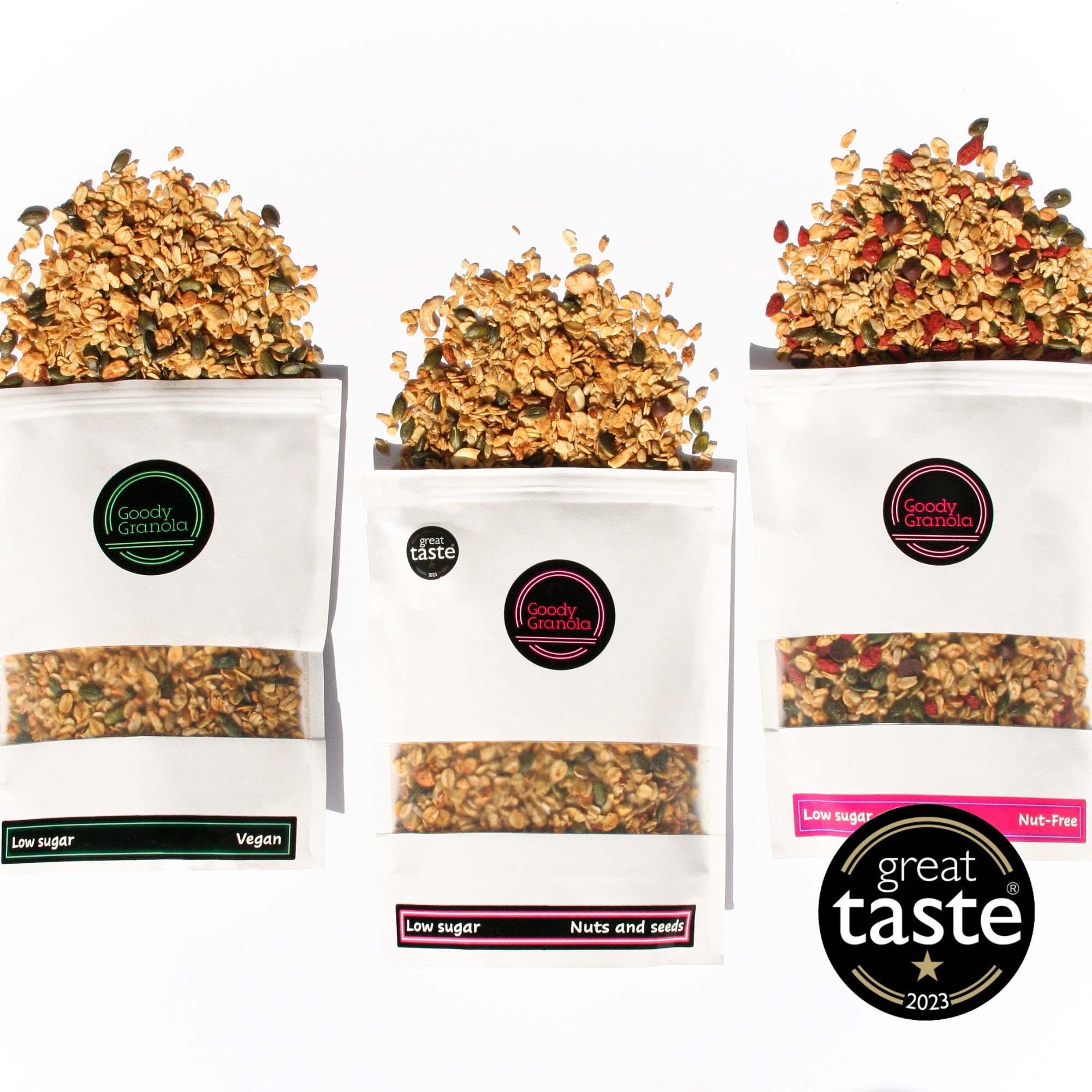 Flavours of Goody Granola including, great taste award winning original granola, vegan and nut-free