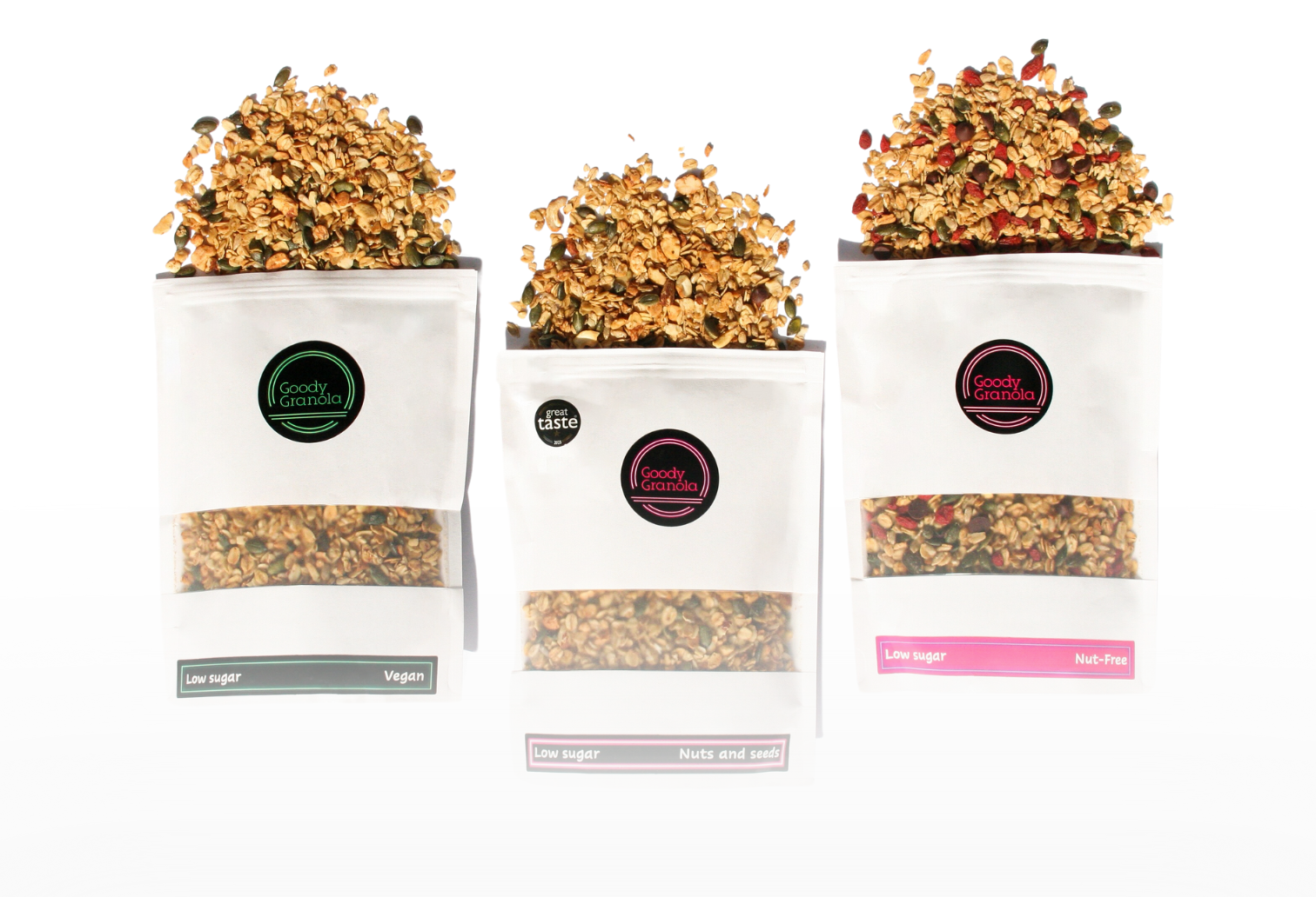 Goody Granola Flavours, including great taste award winning original, nut-free and vegan