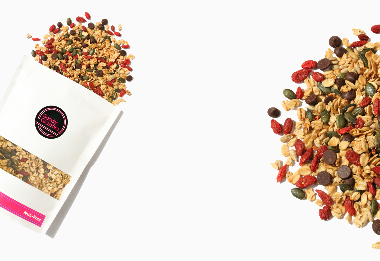 Nut- free Goody Granola including Honey, pumpkin seeds, sunflower seeds, goji berries, 70% dark peruvian chocolate and oats