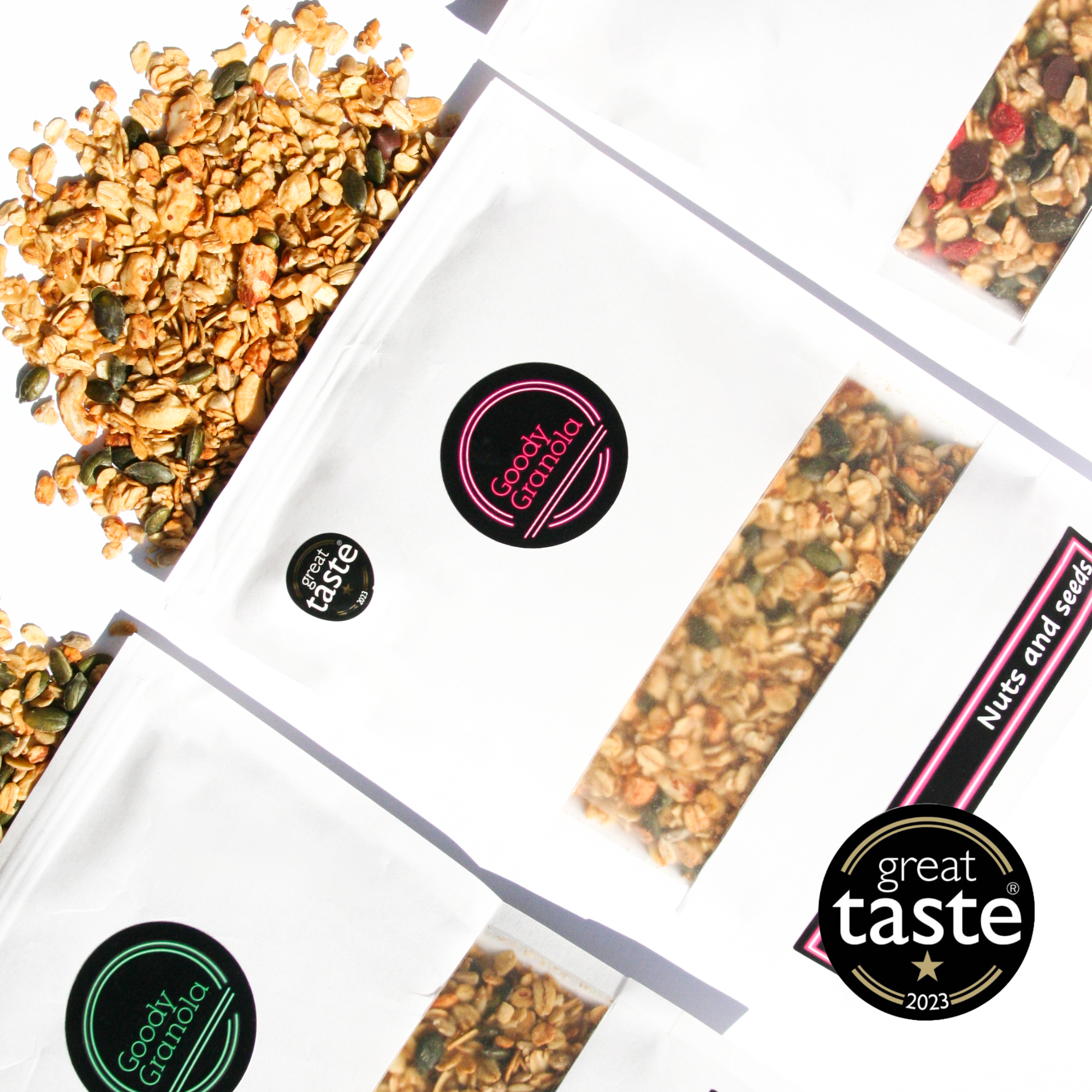 Varieties of Goody Granola, including original, vegan and nut free